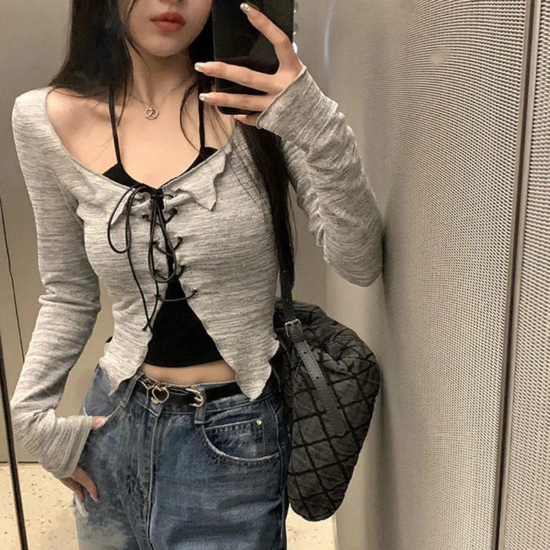 Korean Bandage Two-piece Cardigan Camis Set Women High Street Long Sleeve Gray V-neck Slim Thin Shirts Fashion Harajuku Y2K Tops