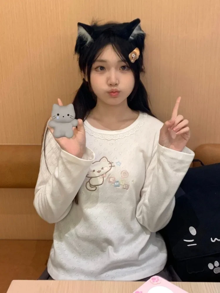 HOUZHOU 여성용 귀여운 귀여운 티셔츠, 일본 스타일 Y2k 레이스 패치워크, 귀여운 만화 자수 티, 부드러운 소녀 2024