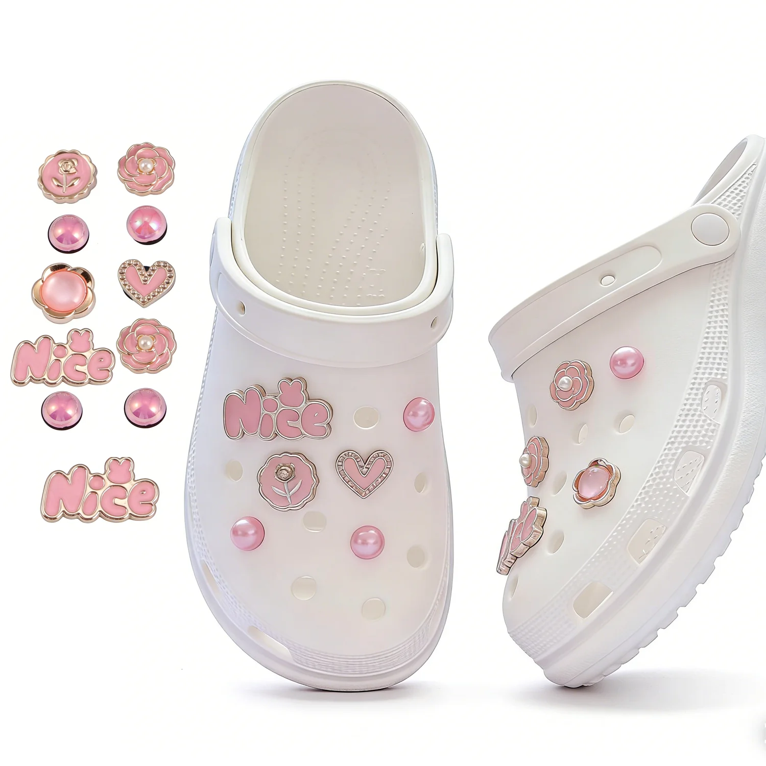 Set de Charms a Juego para Crocs para Mamá e Hija, Mejores Amigas, Pareja, Charms de Zapatos con Rosa, Corazón y Perla, Decoración Estética Dulce para Zuecos y Sandalias