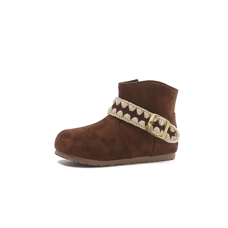 Autumn Fashion Arrivals Baby Suede Leather Upper Boots Girls Floral Lace Round Short Boots With Metal Buckle