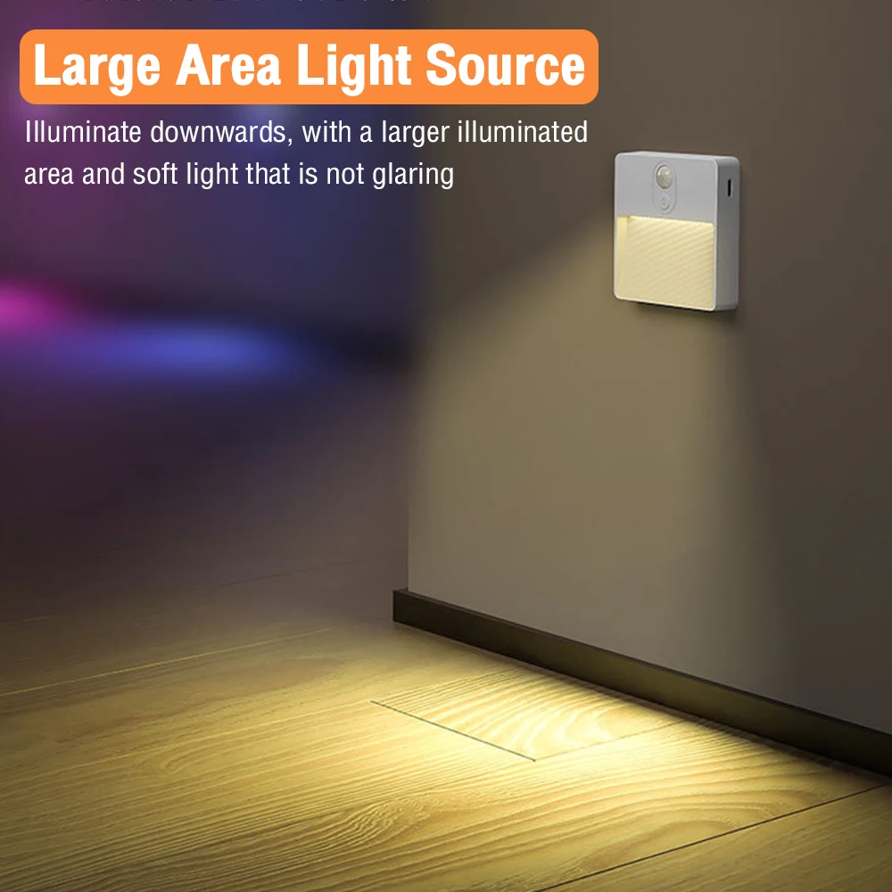 Motion Sensor LED Night Lights USB Rechargeable Square Night Lamp Indoor Decor Illumination for Bedroom Stair Corridors Lighting