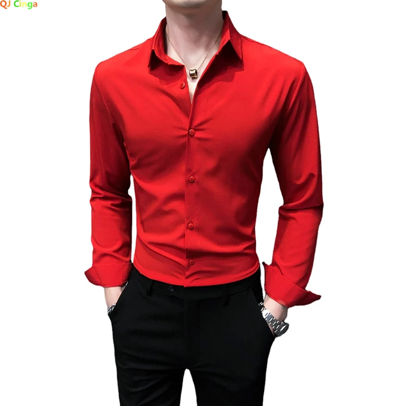 Men's Bright Red Long Sleeve Shirt, Fashion Slim Shirts, White Blue Gray Tops, Black Purple Green Dress Camisa Male Chemise.