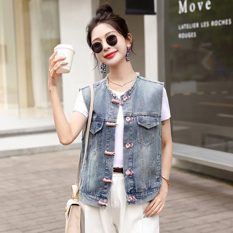 Women's Denim Vest Coat Women Sleeveless Jacket Spring Autumn Round Neck Female Jean Waistcoat Top Outerwear Ladies