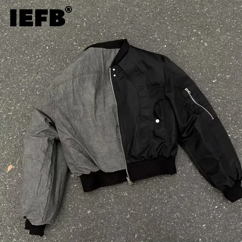 IEFB Niche Design Men's Jackets Reversible Round Collar Zipper Patchwork Casual Streetwear Loose Solid Color Male Coats 9W199