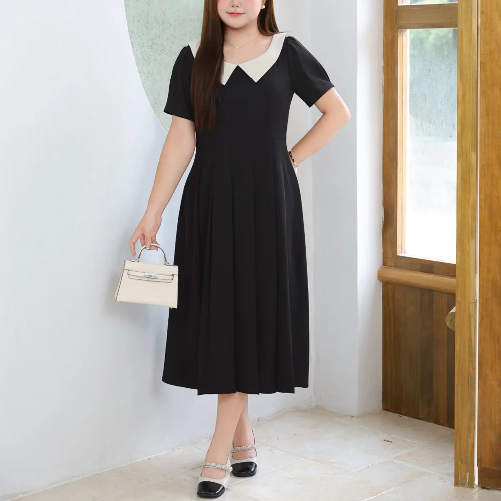 

Plus Size Contrasting Color Peter Pan Collar High Waisted Pleated Dress For Women Premium Puff Sleeve VINTAGE Commuting Summer