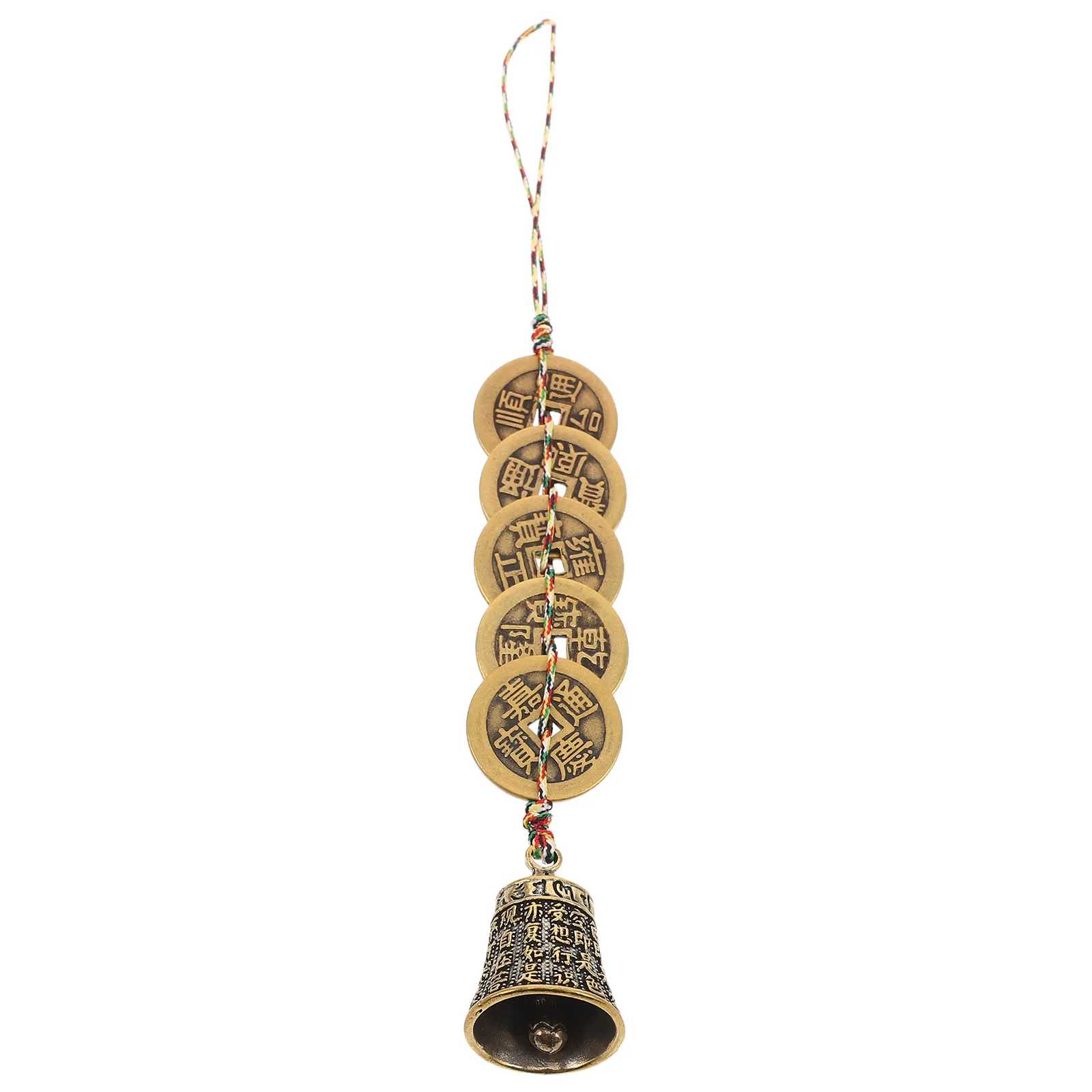 Chinese Brass Feng Shui Coin Bell Pendant Five Emperor Coins Wind Chime for Front Door Car Home Success Protection Good Luck