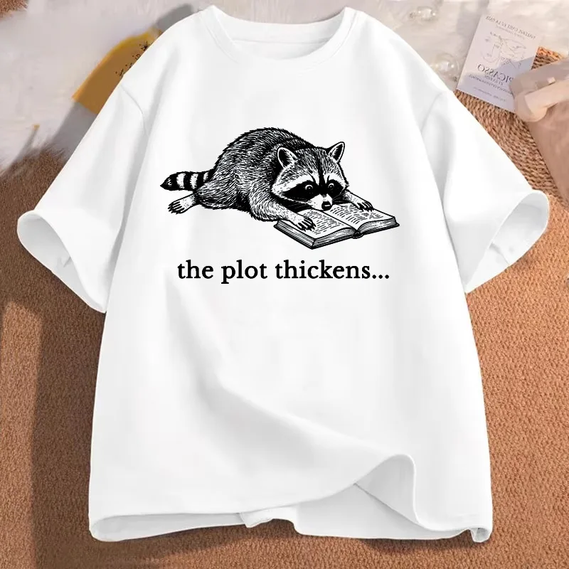 Mens Casual T Shirt Vintage Raccoon Read Book The Plot Thickens Graphic Tees Crew Neck Loose Summer Funny Reader Animal Tops