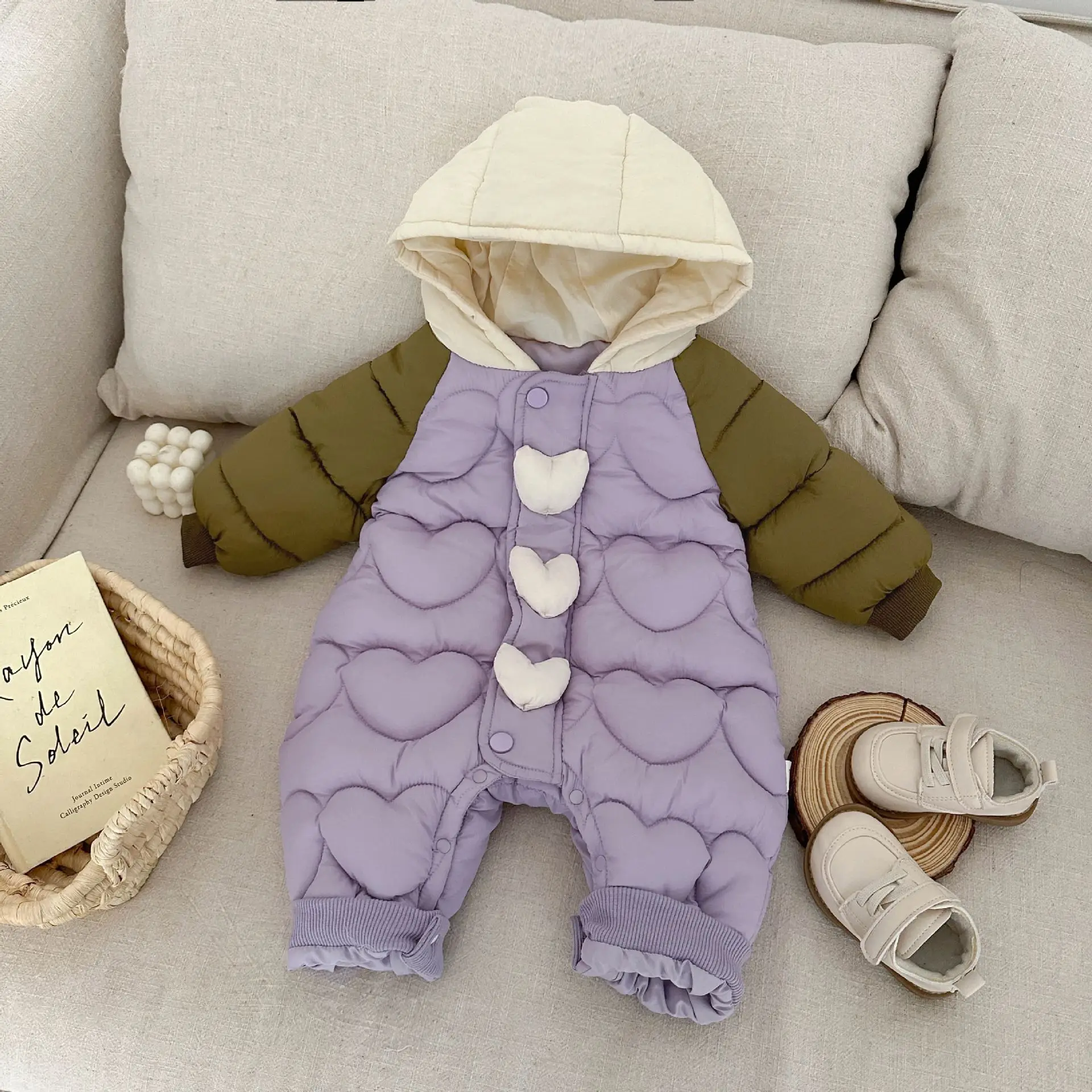 Baby Clothes Autumn Winter Cotton Jumpsuit Girls Color Blocking Heart Thickening Outdoor Rompers Baby Climbing Clothes 4