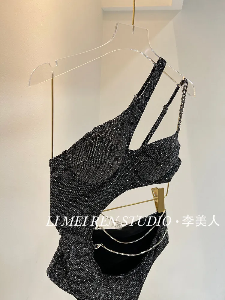 New Advanced bright diamond single shoulder steel support one-piece swimsuit for women
