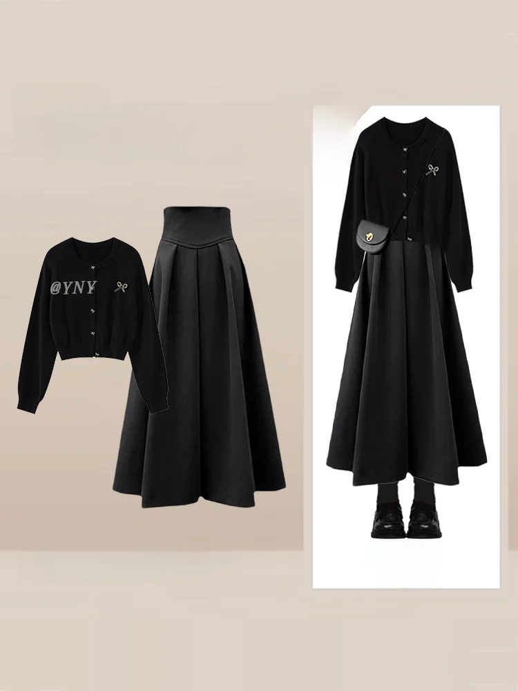 

Bla round Ne Knitted Cardigan Women's Long Sve ort Top Slimming Knot f Skirt Faionable Autumn New Arr...