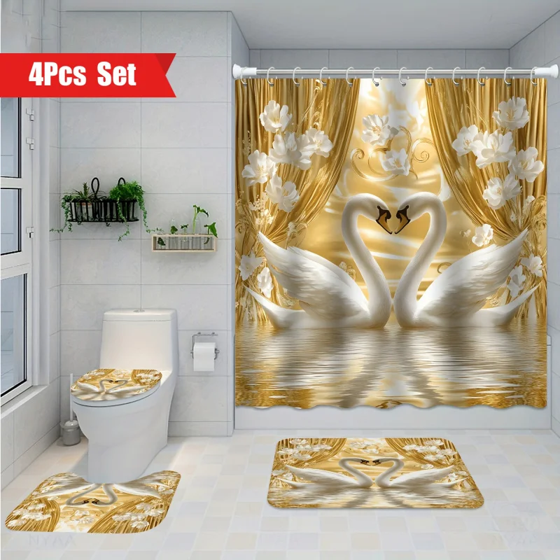 4PCs luxury shower curtain set with printed Swan pattern, non-slip bath mat, U shape toilet mat, 12 hooks, bathroom decorative a