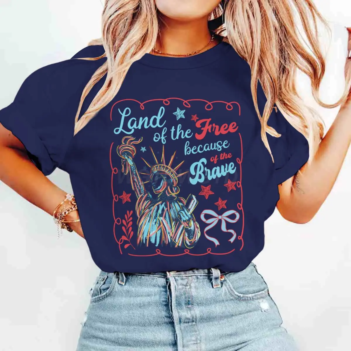 Land Of The Free Because Of The Brave T-Shirts 4th Of July T-shirt Short Sleeve Funny Casual Summer Tops Women's Clothing