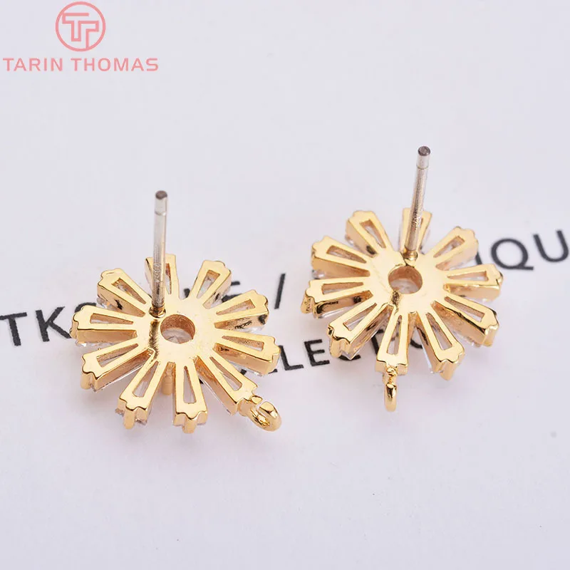 (2529)4PCS 12x15MM 24K Gold Color Brass with Zircon Flower Stud Earrings High Quality Diy Jewelry Findings Accessories