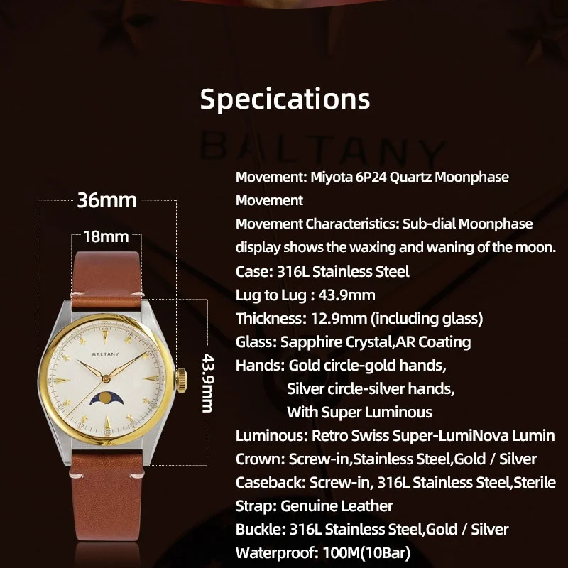 Baltany 2025 جديد فاخر موضة ساعات كوارتز رجالية 36 مللي متر حزام من الجلد IPG الحافة مضيئة الهاتفي 6P24 للجنسين فستان ساعة اليد