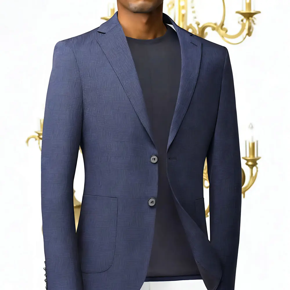 

Men Slim Fitted Blazers Blue Plaid Pattern Suit Jackets Subtle Pattern Design Outfits Male Business Casual Attire Stylish Coats
