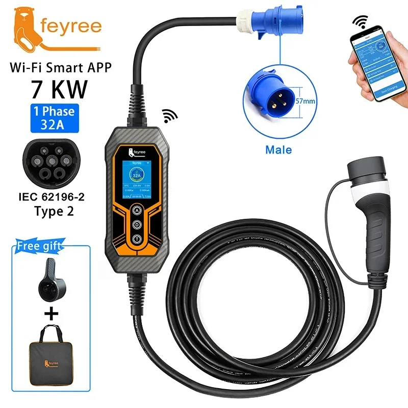 feyree Portable EV Charger Type2 32A 7KW EVSE Adjustable Current Smart Timing Charging Wi-Fi APP Control for Home & Outdoor Use