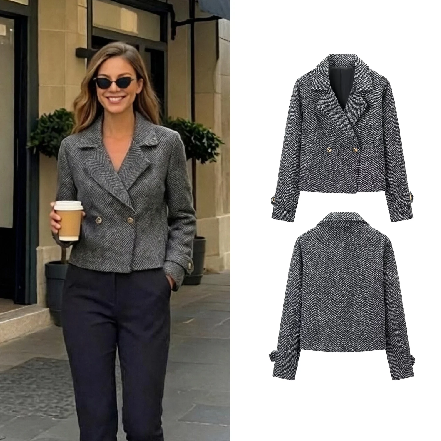 Women Gray Black Herringbon Woolen Blazers Autumn Winter Female Double-Breasted Coats Lady Loose Long Sleeve Suit Short Jackets