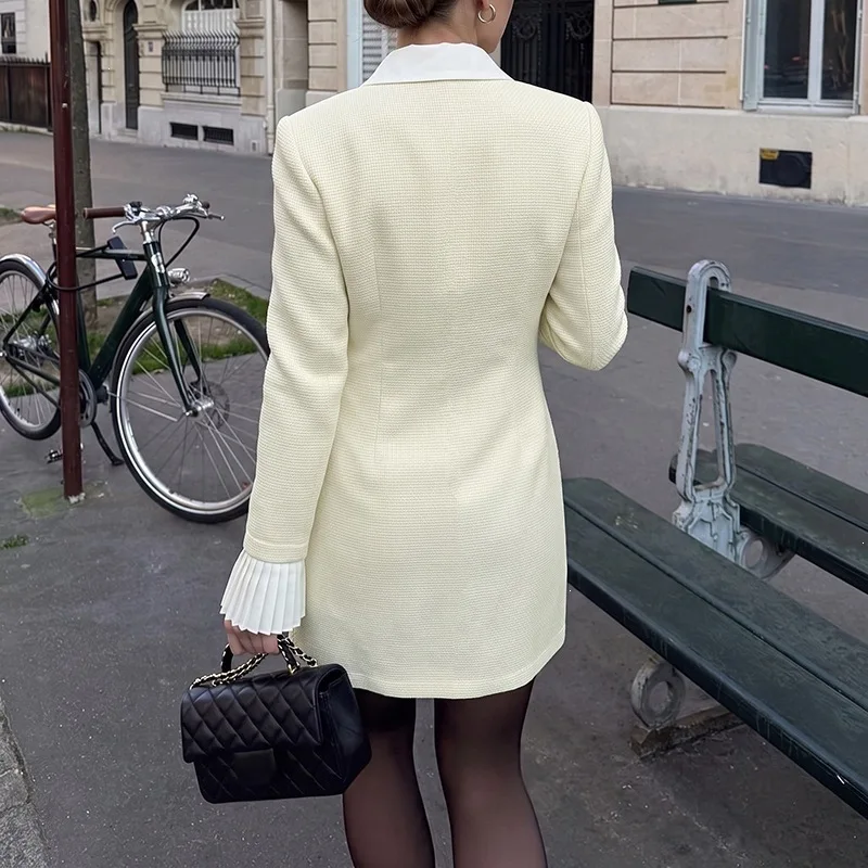Chic Single Breasted High Waist Office Commut Dress New Elegant Splice Lace A-Line Dress Casual Lapel Flared Sleeves Short Dress
