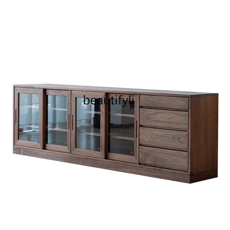 TTT Nordic solid wood bookcase, black walnut combination dust-proof glass floor-to-ceiling storage side cabinet