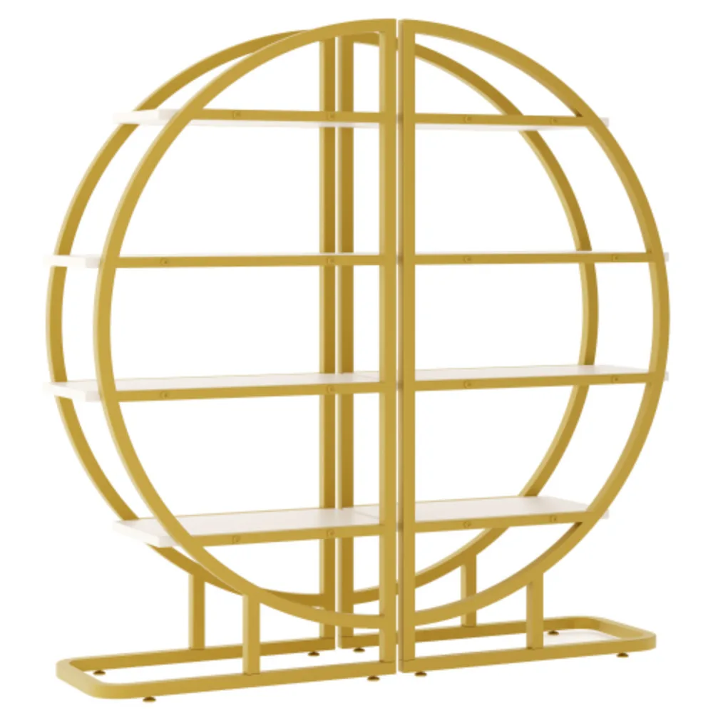 Ensemble d'étagères modulaires en arc à 2 pièces, cadre en métal doré et étagères en MDF blanc, design demi-cercle (les pièces forment un cercle complet), dispositif anti-basculement, pour salon/cuisine/présentoir