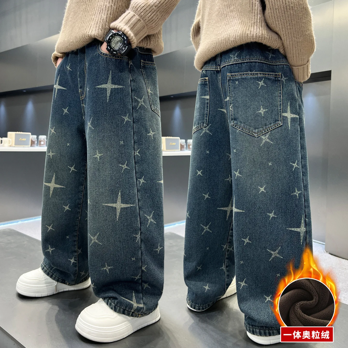 

New autumn and winter boys' fleece-lined denim jeans, cool and stylish, mid to large size children's streetwear, American retro