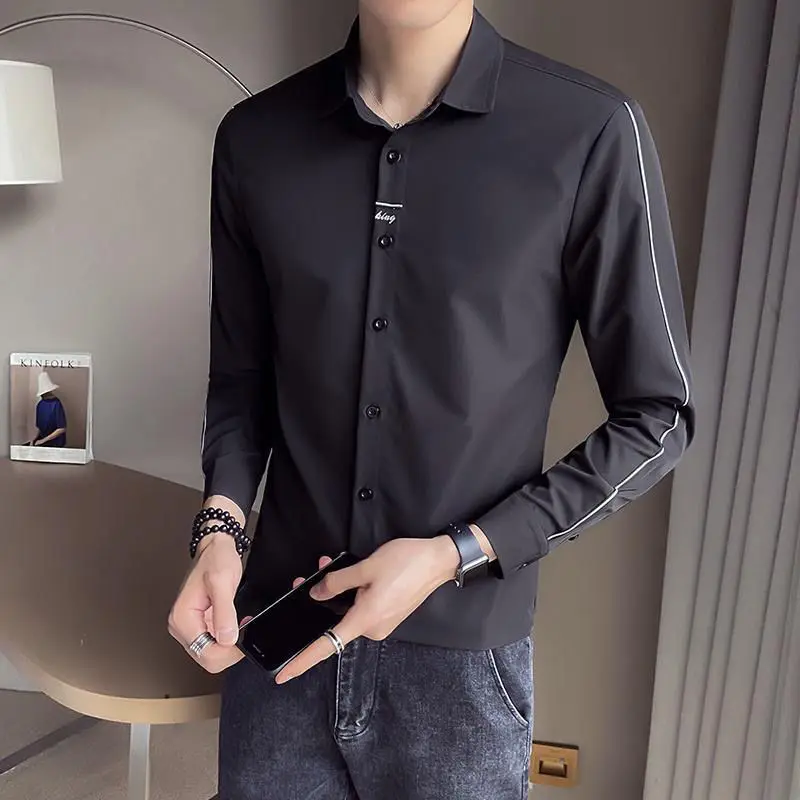 Fashion Lapel Solid Color Button Korean Embroidery Shirt Men\'s Clothing 2022 Autumn New Oversized Casual Tops All-match Shirts