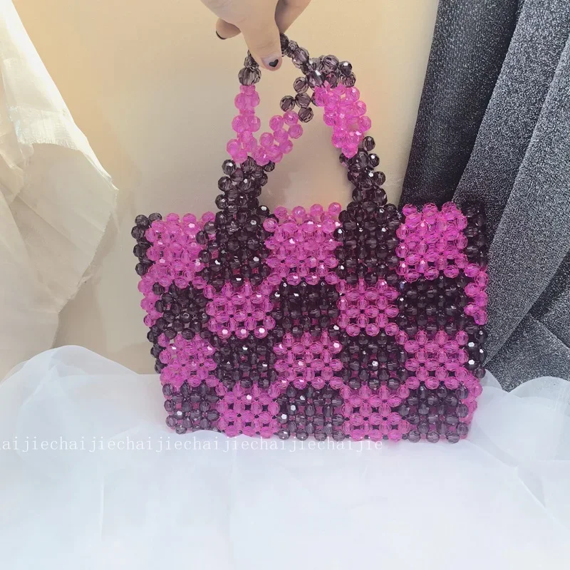 2024 Summer Ins Weaving Finished Products Handmade Bead Grid Splicing Fashion Handbag New Style Atmospheric Bag Customization