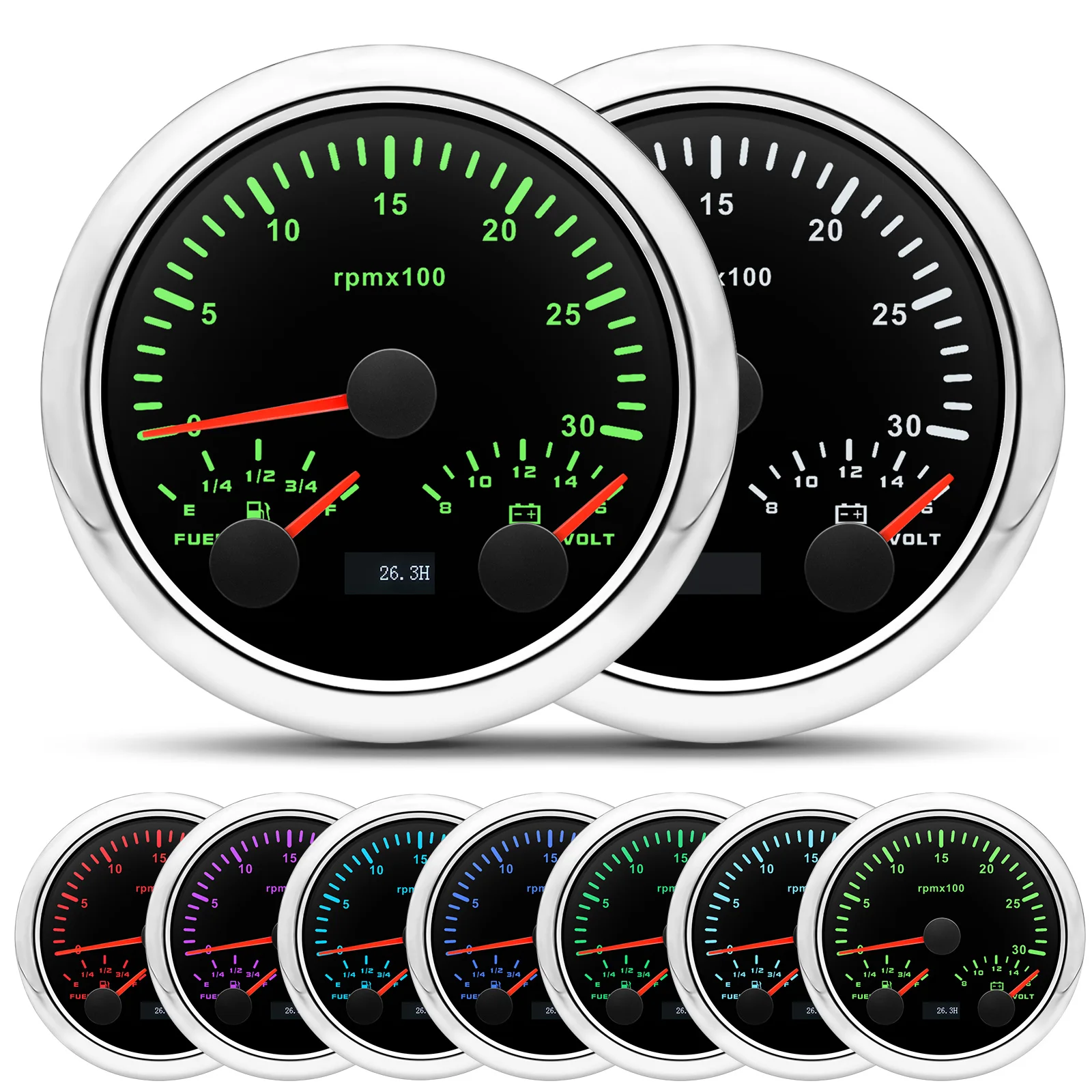 Custom 7 Colors 85mm Gauge 3 IN 1 Tachometer Fuel Level Guage Voltage For Oil Level Sensor 0-190 ohm Auto Car Boat Yacht 12V