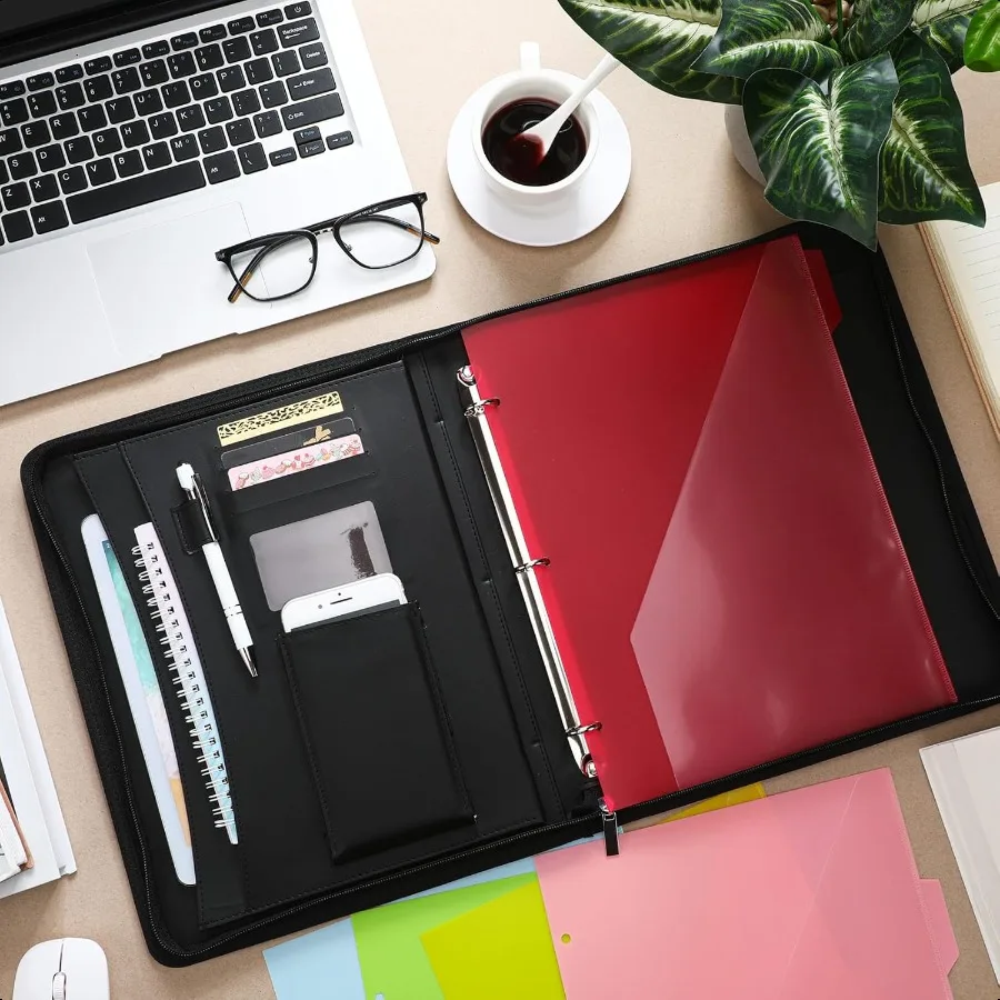 Padfolio Portfolio Organizer Binder พร้อมซิปหนัง Portfolio 3 แหวน Binder และ 5 โฟลเดอร์ Divider หน้าสําหรับแท็บเล็ต Resu