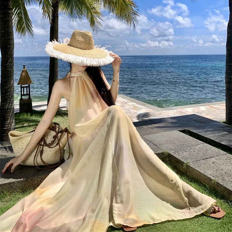

Holiday Style Halter Backless Party Dress for Women Vacation Summer Loose A-line Sundress Elegant Simple Popular Long Robe New
