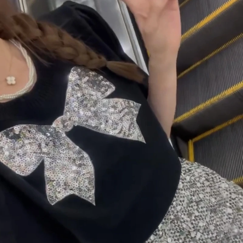 Women T-shirts Comfortable Simple Cozy Summer Fitness Bow Short Sleeve Casual All-match Sweet French Style Sequined Clothing Ins