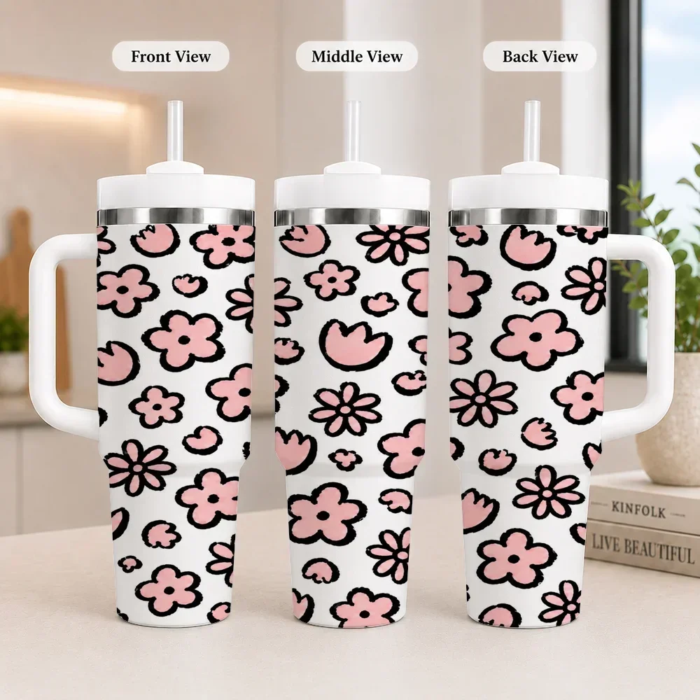 Pink Cacti Vacuum Flasks 40oz Leakproof Steel Tumbler w/ Lid Straw Handle Hot Cold Drinksorders for other colors will be shipped randomly in black or white