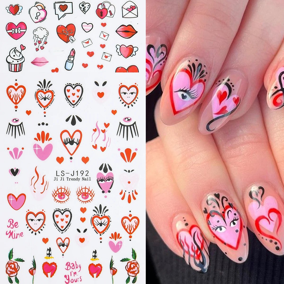 Rote herzförmige Nagelaufkleber zum Valentinstag, Lippenabdrücke, Augen, Umschlag-Nagelkunst-Aufkleber, verschiebbare Nagelkunst-Dekorationen.