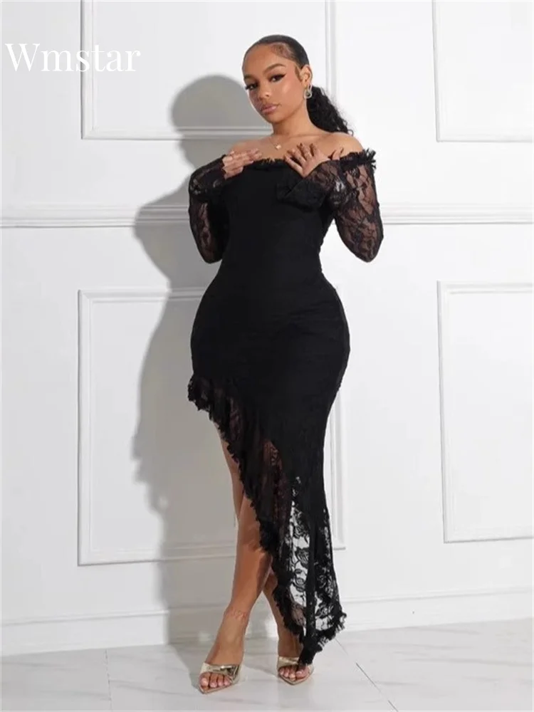 

Wmstar Dresses for Women 2025 Sexy Elegant Lace Off Sholder Mesh Long Sleeve Maxi Party Evening Dresses Wholesale Dropshipping