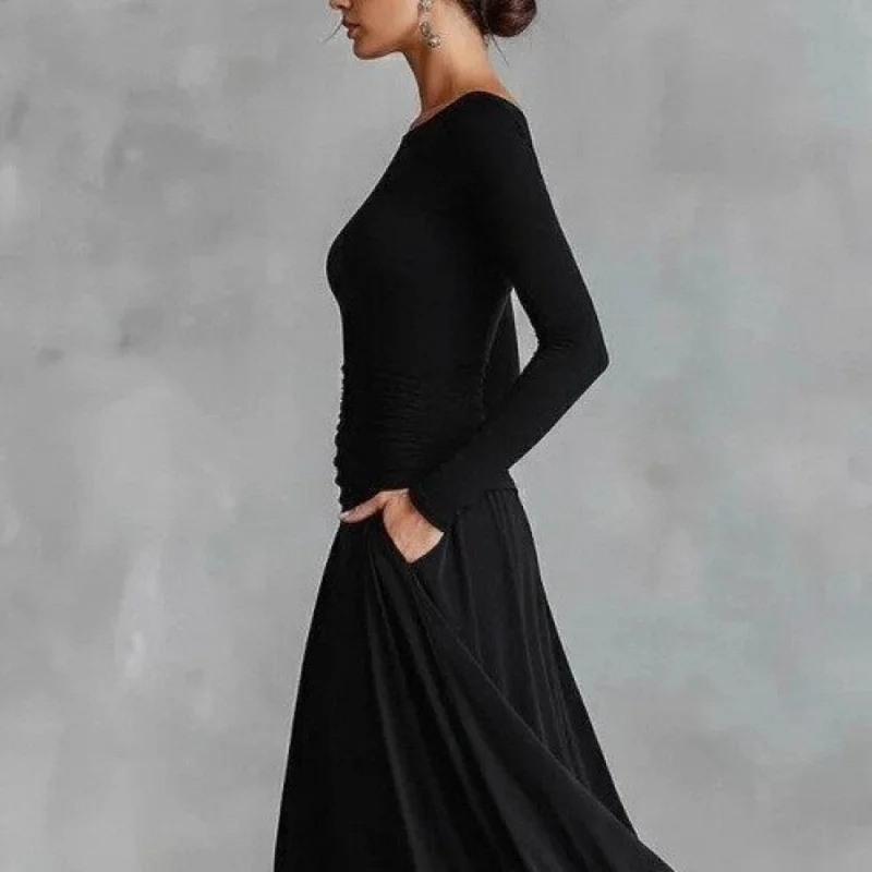 QICHE 2026 Fall Winter New Women Elegant Solid Color Wrap Dress, Delicate Boat Neck Waist Cinch Slim Fit Dress
