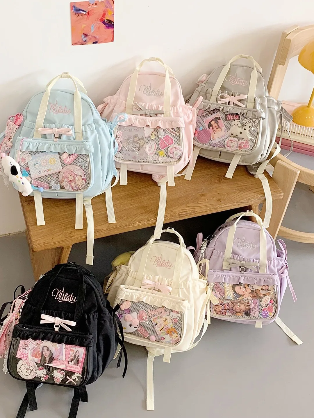 Cute Kawaii Ita Bag Backpack for Teen Girls Bow Ruffle Detail  Window Pocket Lolita Style Student Daily School Travel Daypack