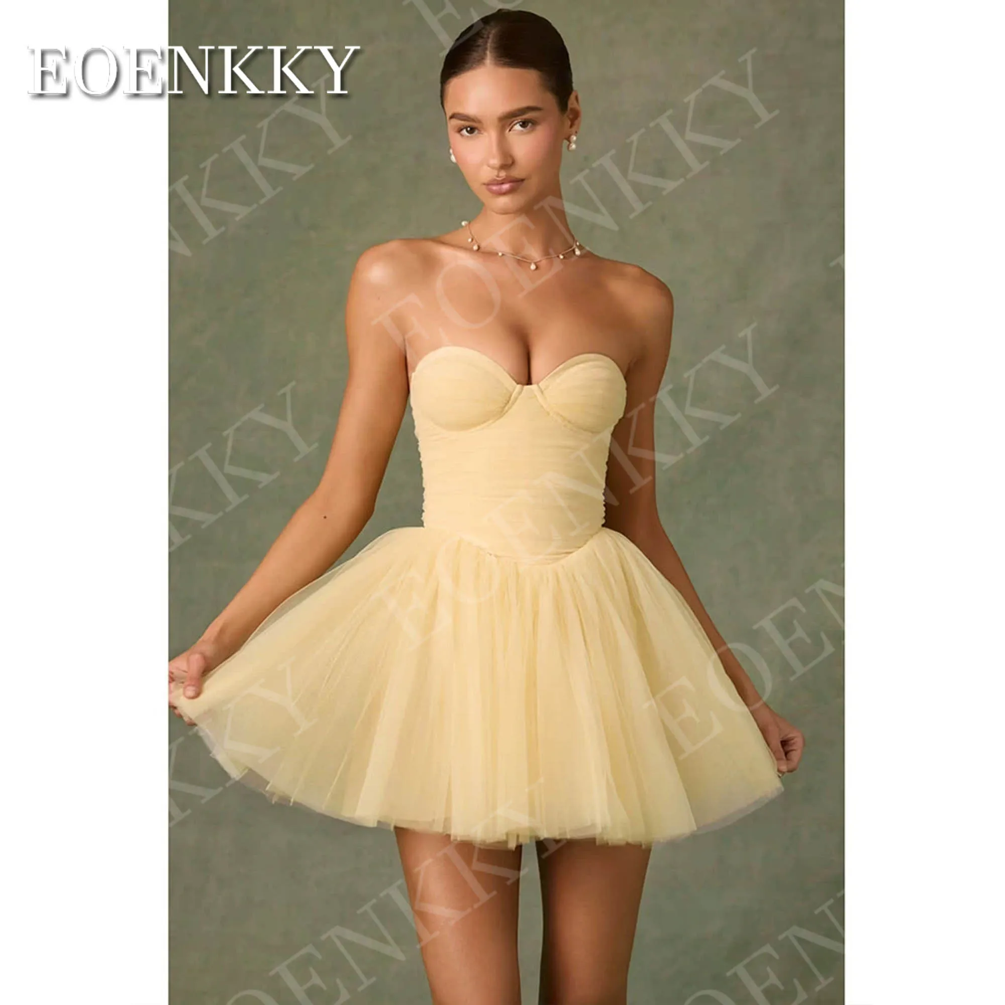 EOENKKY A Line ชุดราตรีสั้นคอหวานสีเหลืองทูเล่ปาร์ตี้มินิค็อกเทลชุดที่กำหนดเอง платье на выпускной