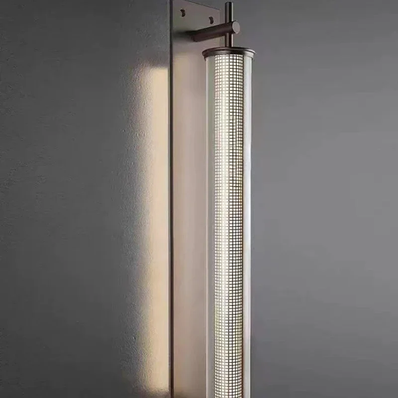American retro dumb black glass metal mesh wall lamp Hotel sales office corridor living room background wall cylindrical long