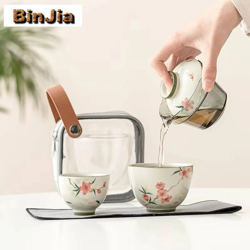 Hand Painted Peach Blossom Ceramic Travel Tea Set Portable Single Person Outdoor Making Equipment Express Cup Teaware Kit