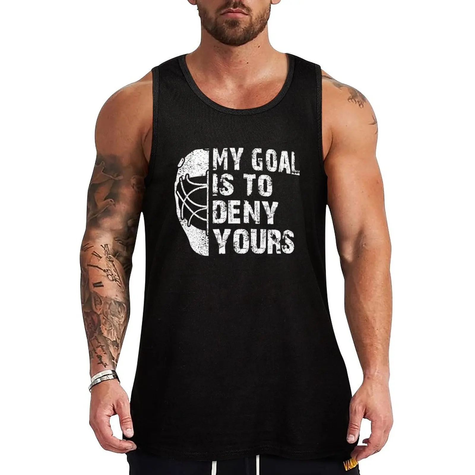 Camiseta sin mangas con estampado gráfico de estilo urbano, divertida, con la frase 'Mi objetivo es denegar el tuyo', para portero de hockey sobre hielo, regalo para aficionados al hockey.