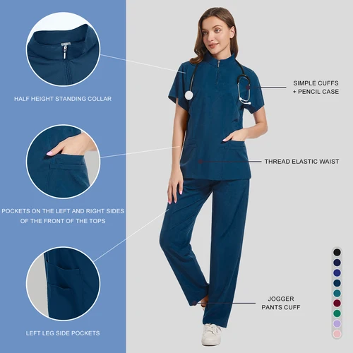 Imagen 2 del producto Uniforme de Spa para mujer, Top transpirable suave de manga corta, pantalones para correr, cuello con cremallera, uniforme de trabajo para técnico de uñas y salón de belleza