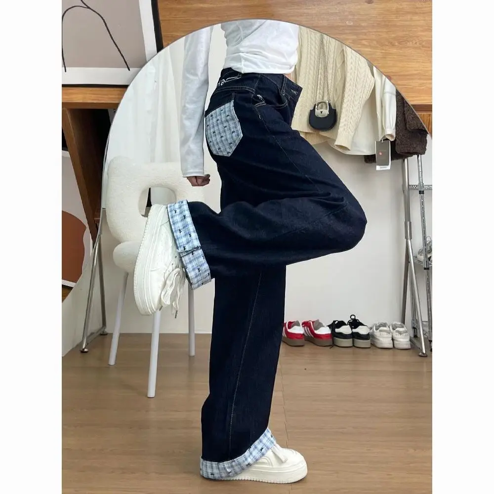 Amerykańskie jeansy w kratę w stylu retro, z szerokimi nogawkami, damskie, luźny krój, wyszczuplające, długie spodnie, nowość na wiosnę, wysoki stan, do pracy.