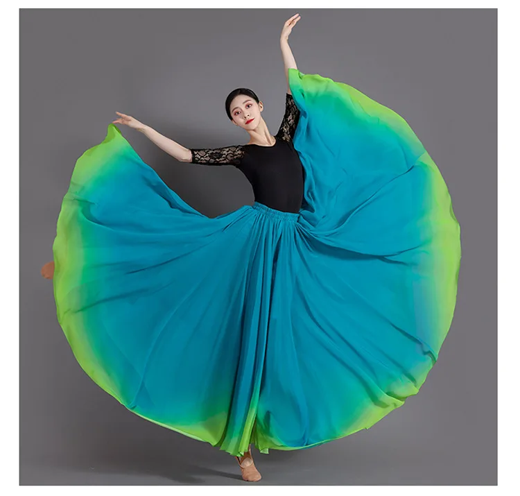 Women's 360-720 Degrees Big-hem Dance Skirts Gradient Color Chiffon Maxi Skirts Elastic-waist Elegant Square Dance A-line Skirts
