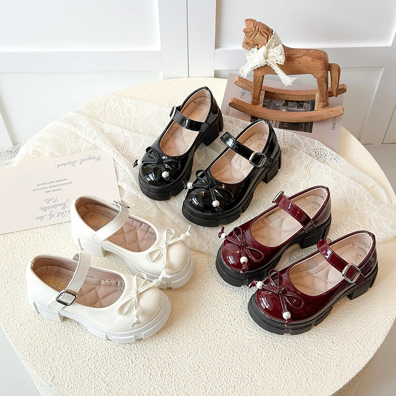 

Весенне-осенние детские кожаные туфли с бантом на высоком каблуке, модные туфли Мэри Джейн для девочек, повседневные детские туфли-принцессы на платформе
