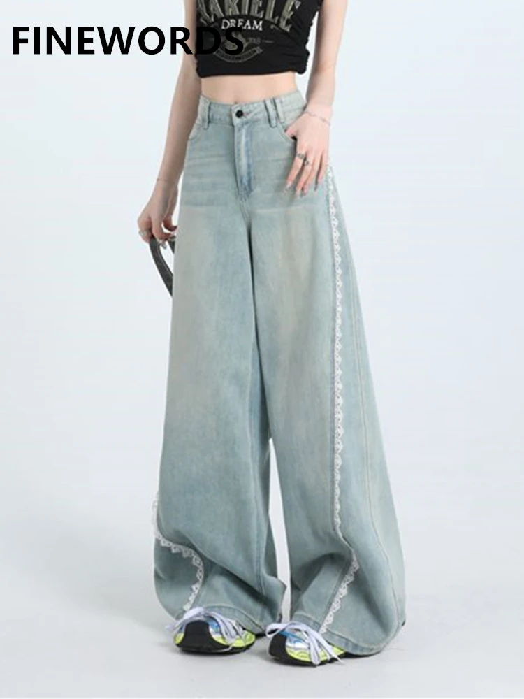 

FINEWORDS High Waist Vintage Wide Leg Jeans Women Korean Streetwear Baggy Jeans With Lace Easymatch Full Length Casual Jeans