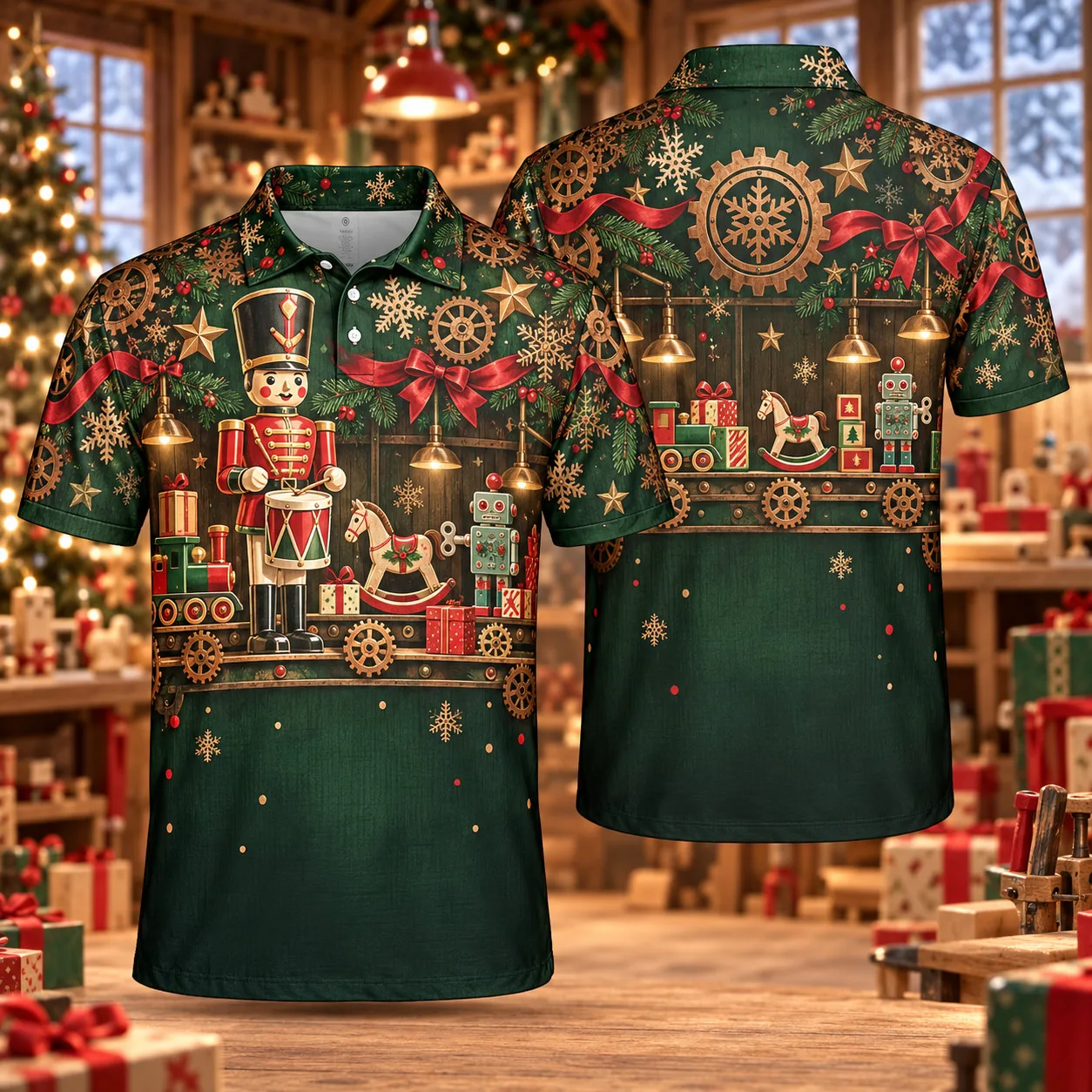 Men's Christmas Polo Shirt Vintage Toy Workshop 3D All Over Print Short Sleeve Holiday Party Golf Top