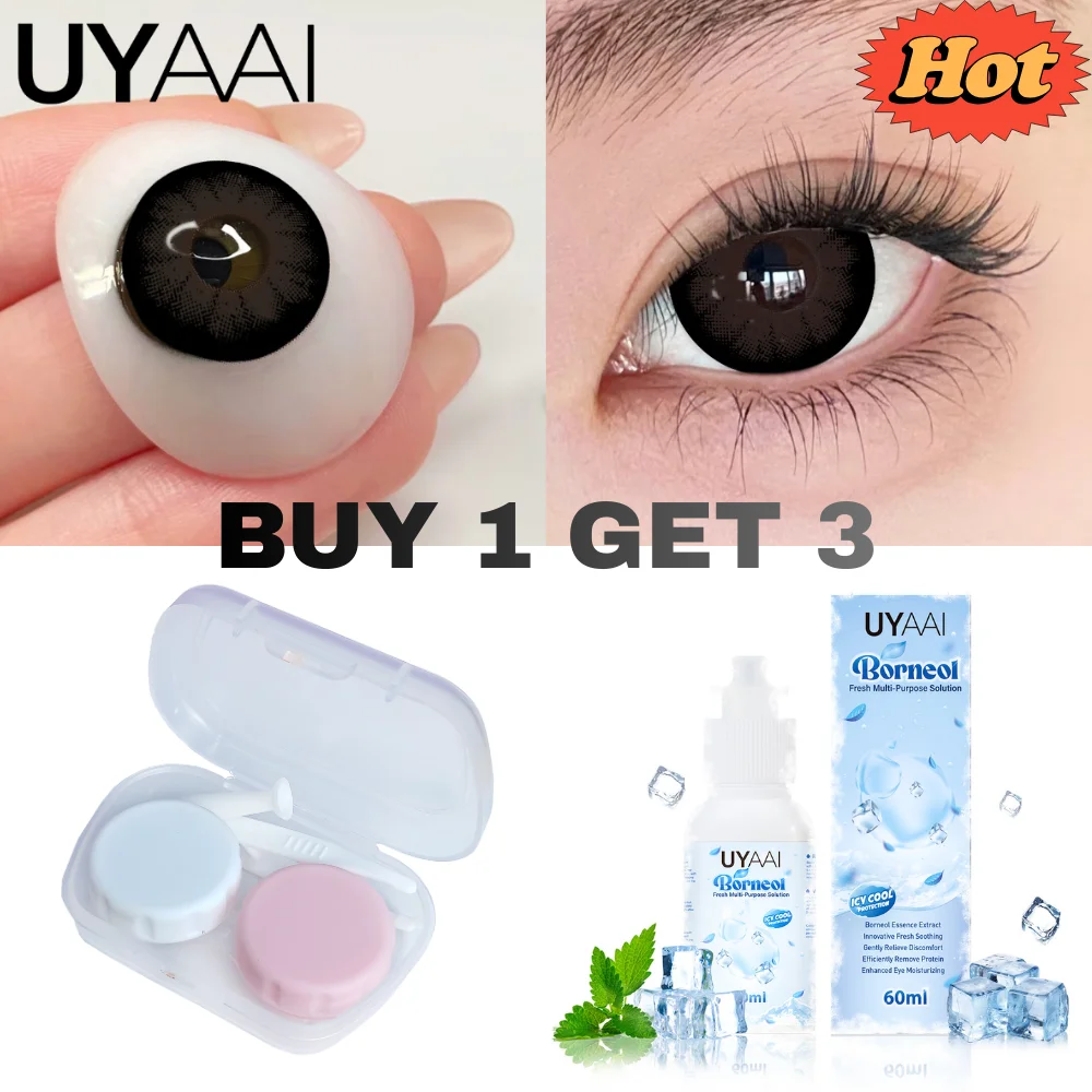 Juego de lentes de contacto UYAAI BLACK Big EYE de 14,5 mm de diámetro 【1 lentes de contacto + solución de lentes de 1*60 ml + 1 * estuche para lentes】 14,2 mm marrón morado