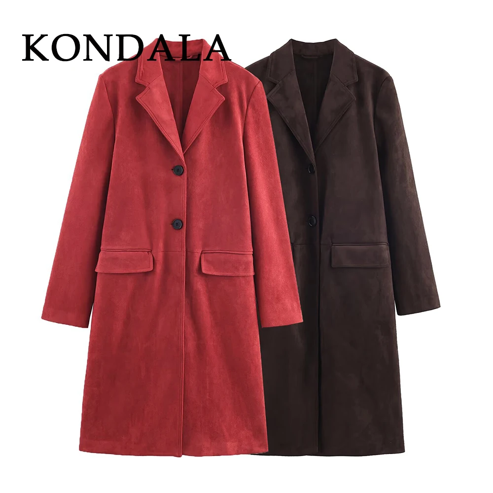 

KONDALA Vintage Brown Autumn Suede 2025 Chic Elegant Woman Long Coats Single Breasted Turn-down Collar Female Straight Chic Coat