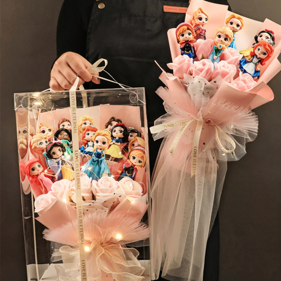 

34cm Disney Princess Children Birthday Anime Handmade Noodle Model Elsa Doll Bouquet of Flowers Creative Surprise Gifts