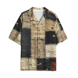 Men's Casual Shirts Fake Spliced Denim Printed Camisa Men Fashion Hawaiian Shirt Beach Blouses Short Sleeve Vocation Lapel Tops